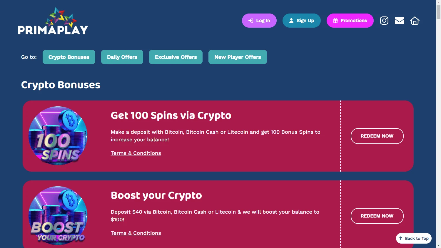 Primaplay promotions page